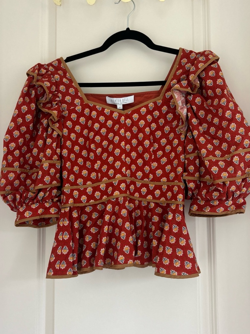 HUNTER BELL Red Floral Ruffle Peplum Blouse